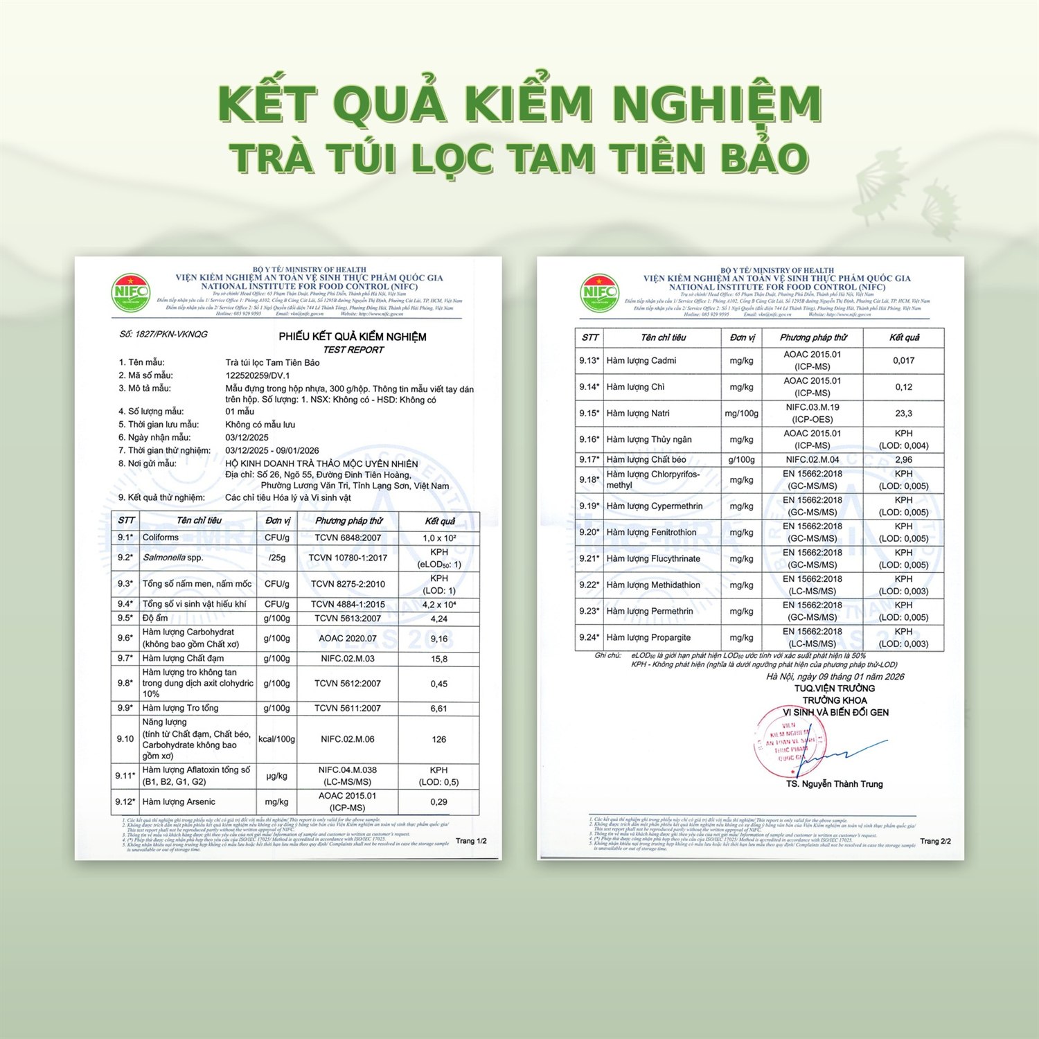 Phiếu kết quả kiểm nghiệm trà túi lọc Tam Tiên Bảo